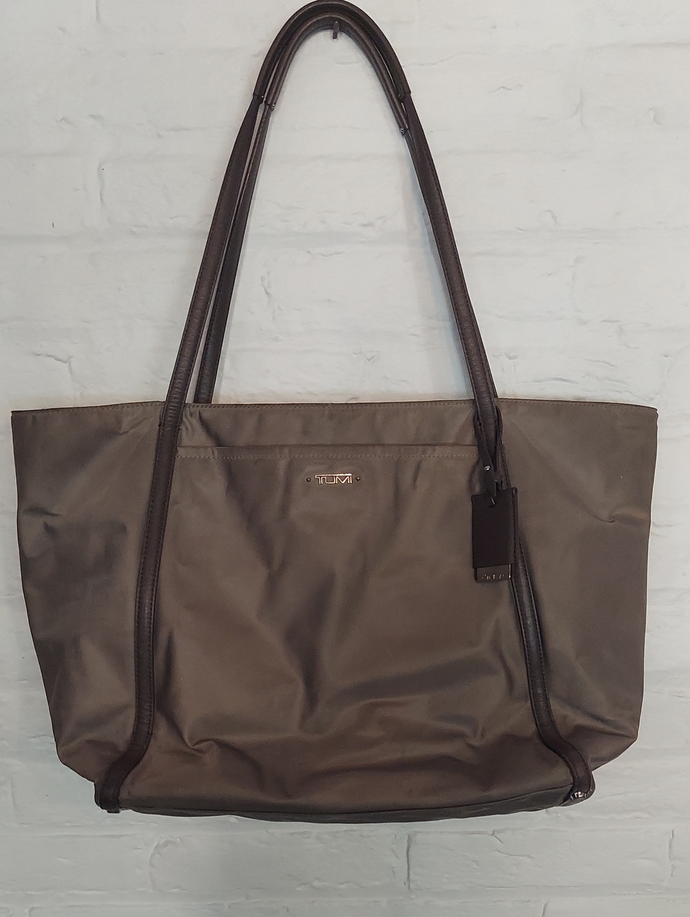 Tumi Olive-Brown Nylon Tote with Leather Handles